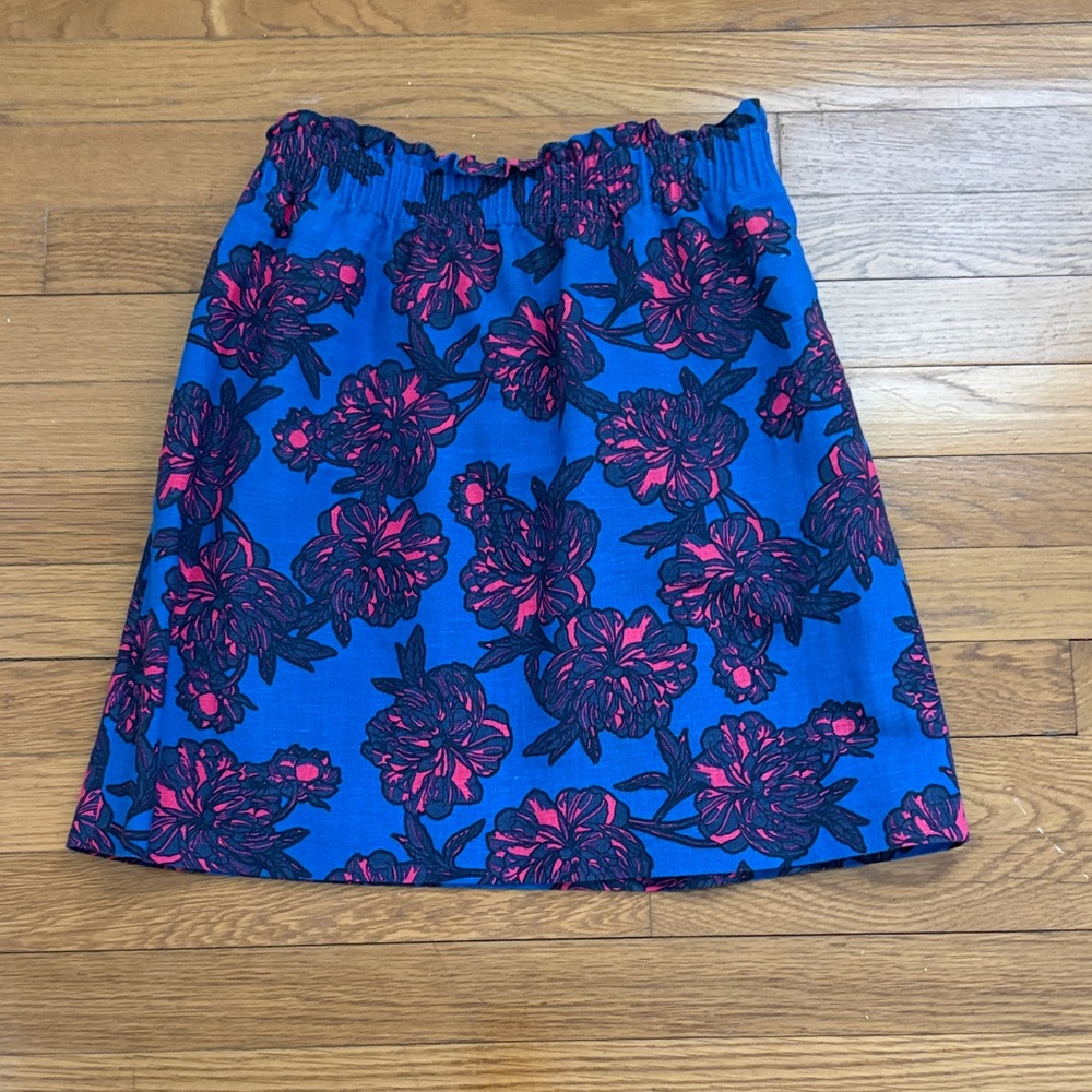 J. Crew Blue Mini Skirt with Pink Floral Motif Cotton Linen Size 2